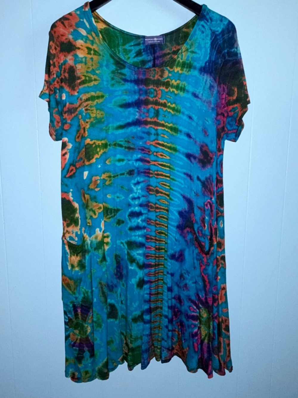 Blue Multicolor Tie-Dye Dress with Pockets